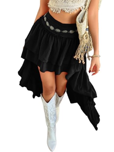 Women's Boho Western Flowy Skirts Asymmetrical Tiered Ruffle Maxi Skirt High Low
