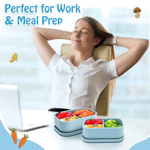 Image of Honeydak 4 Pcs Silicone Bento Box, 3 Compartment Lunch Food Container for Women Men, Leak Proof Microwave Easy to Clean Dishwasher Freezer Safe (Blue)