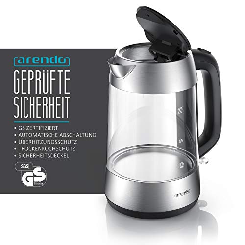 Arendo - Glas Wasserkocher Edelstahl 1,7 Liter mit LED + Arendo Edelstahl Toaster Langschlitz mit Brötchenaufsatz… – Bild 3