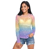 JHKKU See Through Tops Mesh Long Sleeve Tee Rainbow for Women's Sexy Sheer T-Shirts Crew Neck Top XXL