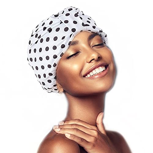 Polka Dot Elegant Reusable Shower Cap for Women Long Hair - [ 2021 Upgrade ] Waterproof Shower Cap | Shower Caps for Women Reusable | Large Shower Cap | Hair Shower Cap | Showercap | Shower Hair Cap