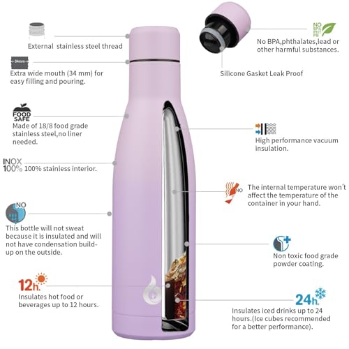 Image of BJPKPK Insulated Water Bottle 17oz Stainless Steel Water Bottles Dishwasher Safe Reusable Metal Thermal Cold and Hot,Dreamy Purple