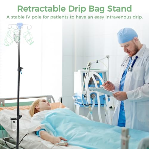 IV-Ständer mit 4 Haken und 3 Netzbeuteln, zusammenklappbares Stativ für intravenöse infusionsständer, tragbarer mobiler Infusionsflaschenständer