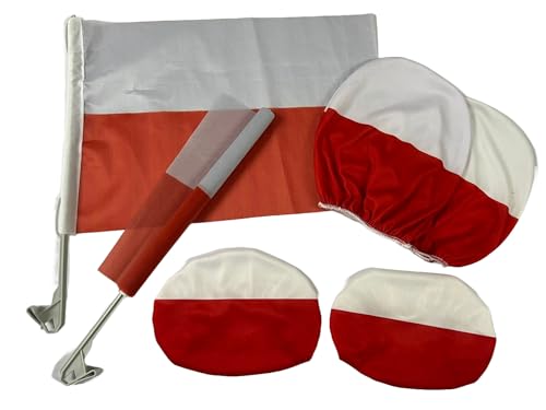 Polen Auto-Fan-Set 6-teilig | 2x Flagge | 2x Kopfstützenfahne | 2x Außenspiegel-Fahne Polska EM Fussball Flagge
