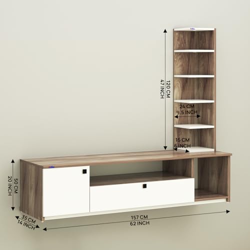 Image of Anikaa Engineered Wood Floor Standing Modern TV Unit with LED Light for Living Room | 2-Door & Open Box Cabinet with Side Shelf | Ideal for Up to 55 Inch | (Coachwood /White) DIY Installation