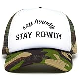 Funky Junque Unisex Adjustable Camo Trucker Hat Foam Front Mesh Back Snapback Cap One Size Fits Most - Say Howdy Stay Rowdy (White/Camo)