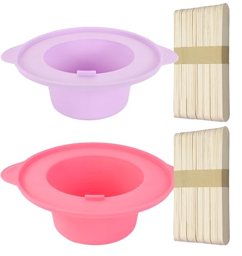Image of 14 oz Silicone Wax Warmer Liner, Silicone Wax Bowl for Wax Warmer, Non-Stick Wax Melt Warmer Wax Pot , Reusable Wax Melt Liner with 100 Pcs Waxing Sticks Body Hair Removal Sticks (Pink+Purple)