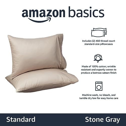 Image of Amazon Basics 400 Thread Count 100% Cotton Pillowcases, Sateen Weave, Standard Size, 20 inch x 30 inch, Stone Gray, Set of 2