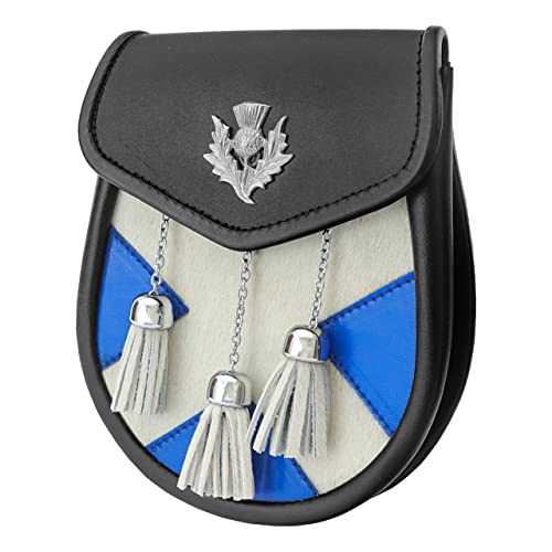 Image of Scottish Original Leather Sporran with Leather Belt & Chain (Scotland Flag with Three Tassels)