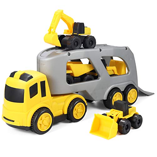 JOYIN 5 Pcs Beach Sand Toy Car Playset with 1 Carrier Truck and 4 Construction Cars, Educational Toy Vehicle for Kids Boys Girls Birthday Gift
