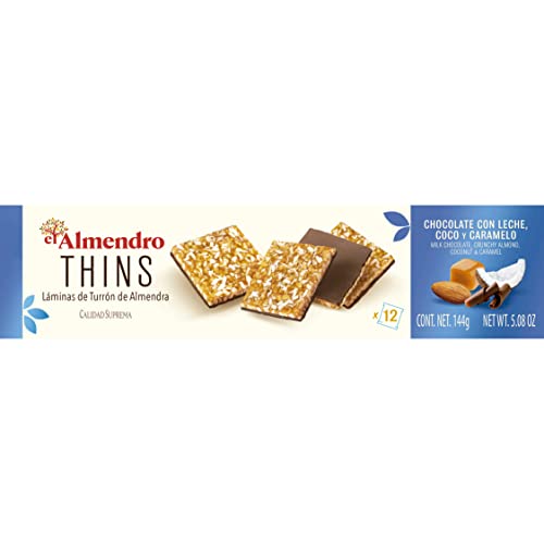 El Almendro, Thins de Turrón Tradicional de Chocolate de Leche y Coco, Turrón Tradicional, Turrón con Capa de Chocolate, Mini Porciones, Receta Tradicional Desde 1880, 144 Gramos Cover