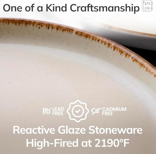 Image of 12 Piece Stoneware Dinnerware Set for 4, Handmade Plates and Bowls Set | Reactive Glaze Coating, Dishwasher & Microwave Safe Dish Set, Chip & Scratch Resistant Dishware Set, Rustic Beige
