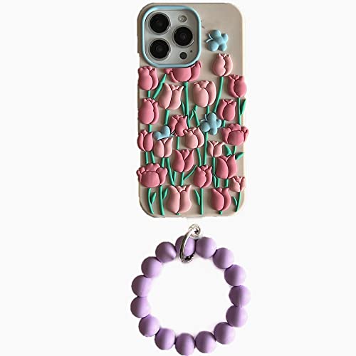 Coque iPhone 8 Plus avec poignet chaîne tulipe 3D rose