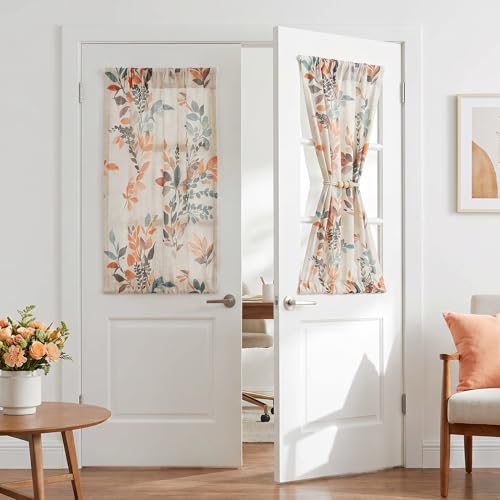 Image of MYSKY HOME Floral Linen French Door Curtains 40 inch Long 2 Panels for Front Door Light Filtering Privacy Semi Sheer Window Curtains with Rod Pocket, Burnt Orange, 24 inch W Each Panel