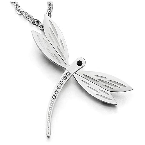 iMETACLII Hermoso Libélula Colgante con Blanco Negro Circonio Cúbico, Collar de Mujder Niñas, Acero Inoxidable, Cadena 51CM