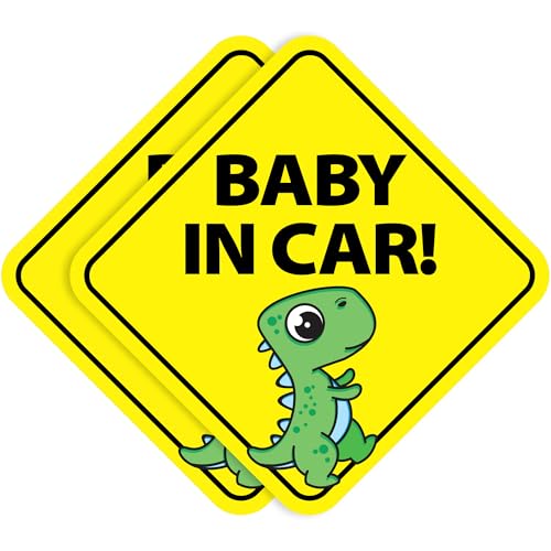 Image of Stickios Baby in Car Stickers (Non-Magnetic) - Removable, Paint-Safe Signs for Cars & Windows - Made in USA (2-Pack, 6 inch Diamond, Dinosaur, Boy)