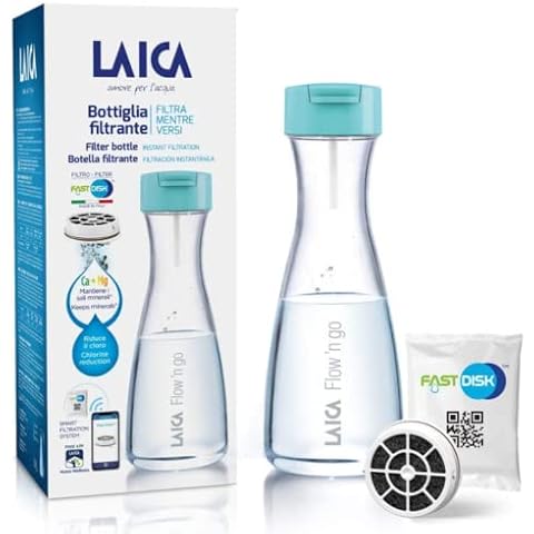 LAICA Flow'n go Water Filter Bottle, 1.0 Litre Capacity, Includes 1 x FAST DISK Water Filter, 100% BPA Free Plastic Cover