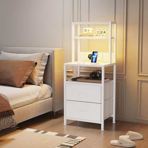 MUTUN Bedside Table with Charging Station and LED Light Strips, Nightstand with Drawers, Bedside Cabinet for Living Room, Bed Side Table for Bedroom, White