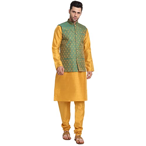 Image of KRAFT INDIA Mens Gold Silk Blend Kurta and Churidar Set With Jacquard Paisley Nehru Jacket