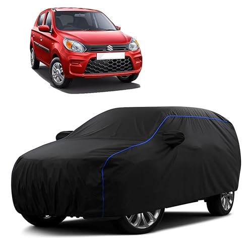 Image of Sulfar 100% Water Resistant Car Body Cover Compatible with Mirror for Maruti Suzuki Alto (Triple Stitched, Full Bottom Elastic, Black Tafetta with Blue Piping)