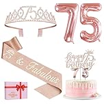 75th Birthday Decorations for Women, Including 75th Birthday Sash and Tiara, Cake Topper and Candles, Rose Gold Number Balloons, 75 Year Old Gifts for Women