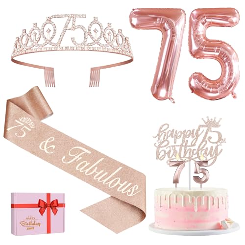 75th Birthday Decorations for Women, Including 75th Birthday Sash and Crown, Cake Topper and Candles, Number Balloons, Greeting Card, 75 Year Old Gifts for Women by YeohJoy - Used condition - US$12.94