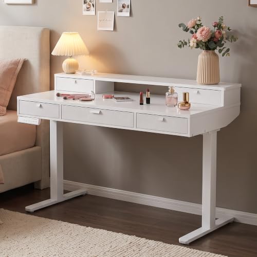 Image of HUANUO 48-Inch Electric Height Adjustable Vanity Desk with 4 Drawers | 4 Memory Heights; 28.3-46.5 in Range; Quiet Lift under 50 dB; Multi-Drawer Storage; Sit-Stand Makeup, Work & Study Desk
