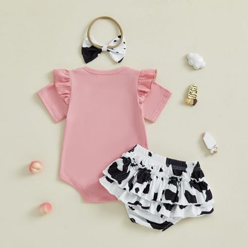 Kayotuas Western Baby Girl Clothes Summer Cowgirl Outfits My First Rodeo Romper Cow Print Bloomer Shorts Headband 3 Piece Set4