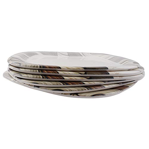 Image of Golden Fish Plastic Unbreakable Border Square Full Dinner Plates (White, Brown) -Set of 6