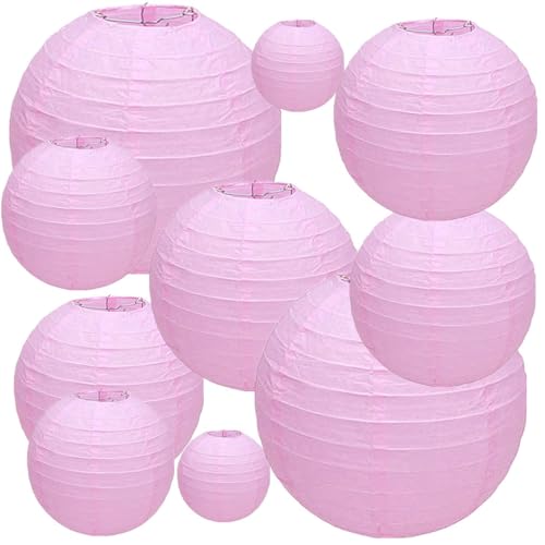 Kinteshun Folding Round Paper Lantern Reusable Chinese/Japanese Style Hanging Ornament Lamp Cover for Garden Birthday Party Decoration Supplies(Pink,10pcs Assorted Sizes)