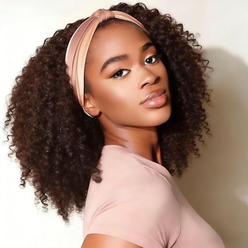 Image of Kinky Curly Headband Wig Human Hair 20 Inch Chocolate Brown 4# Headband Wigs For Women Human Hair Glueless None Lace Front Curly Wave Wigs Brazilian Virgin Hair Wear and Go Glueless Wig 150% Density