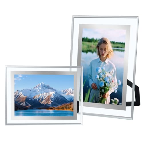 Lyhsens 2 pcs cadres photo en verre 10 x 15 cm argentés modernes, pour Photos de Mariage Portraits Animaux Paysages, Anniversaire Noël Cadeau, Horizontal ou...