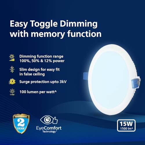 Image of Philips Ultra Glow Dimmable 15-watt Round Ceiling Light | 3 Dimming Mode (15W, 7.5W & 2W) Recessed LED Ceiling Light for Home & Hall | Cut Out: 6-inch, Colour: Cool Day Light, Pack of 4