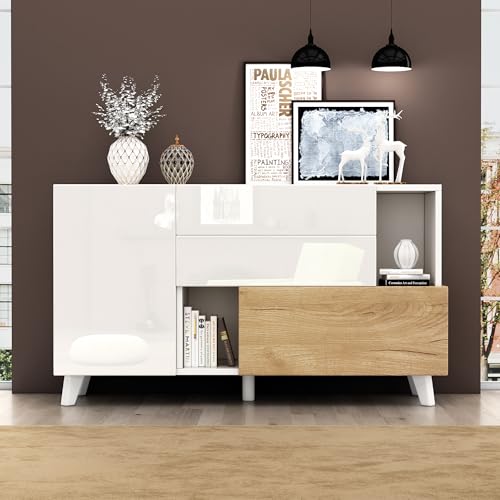 Idemon Aparador de madera de color blanco brillante con espacio de almacenamiento, aparador de comedor con espacio de almacenamiento, moderno armario de salón