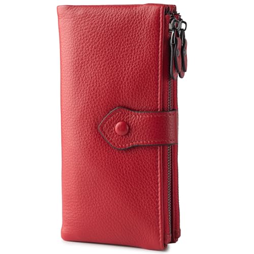 Image of Bveyzi Women Soft Leather RFID Blocking Bifold Slim Wallets Ladies Credit Card Holder Double Zipper Pocket | Soft