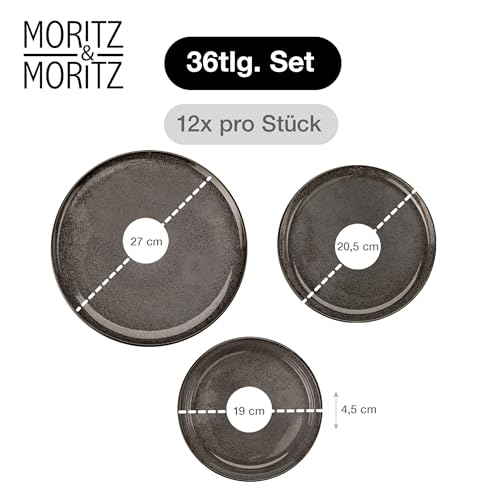 Moritz & Moritz VIDA Geschirrset 12 Personen Anthrazit 36-tlg. - Modernes Porzellan Geschirr Set - Kratz-, Mikrowellen- & Spülmaschinenfest, Essgeschirr, Tafelservice, Kombiservice 12 Personen