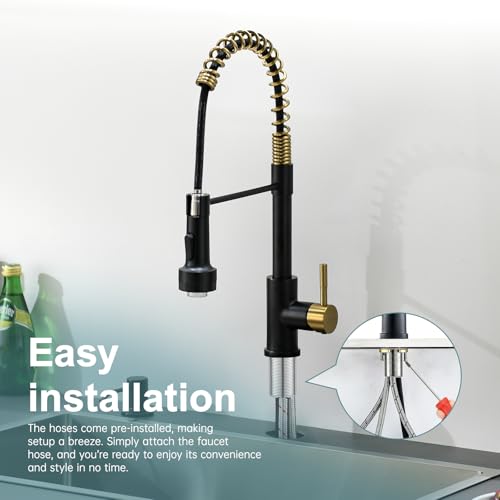 Image of GIMILI Black and Gold Kitchen Faucet with Soap Dispenser Single Hole Pull Down Sprayer LED Faucet, Suitable for Farmhouses, RV, Laundry Room, Outdoor, and Campers. Llave para fregadero de cocina