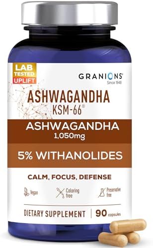 Granions KSM66 Ashwagandha Supplements – 5% Withanolides, 1,050 mg Root Extract – Vegan, Preservative, Coloring Free Pills Stress and Focus Support for Men and Women – 90 KSM 66 Ashwagandha Capsules