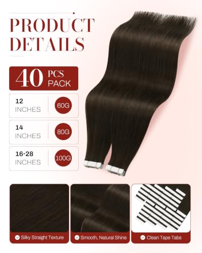 Image of Moresoo Tape in Human Hair Extensions Dark Ash Brown 14in 40Pcs 80g | Invisible tape in hair extensions, fuller coverage, ash brown finish, straight texture for layered bobs and office styling