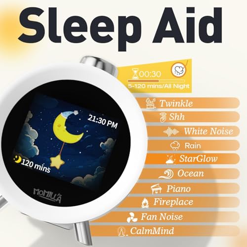 Image of MOMILLA Alarm Clocks for Bedrooms, 2.8 inch Color Display, 7-Day Programmable 4 Alarms, Loud Alarm Clock for Heavy Sleepers Adults /Kids /Teen, Digital White Noise Sound Machine, Easy to Set, Hourly Chime