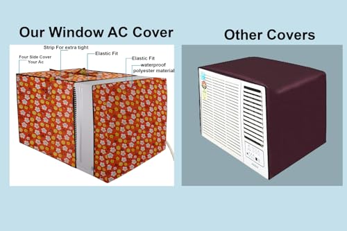 Image of The Furnishing Tree Elastic fit waterproof Polyester window ac cover suitable for Croma 1.5 Ton, Dustproof cover for inner and outer section, In CM: (67.31x66.04x45.72), Mini Floral Pattern Orage
