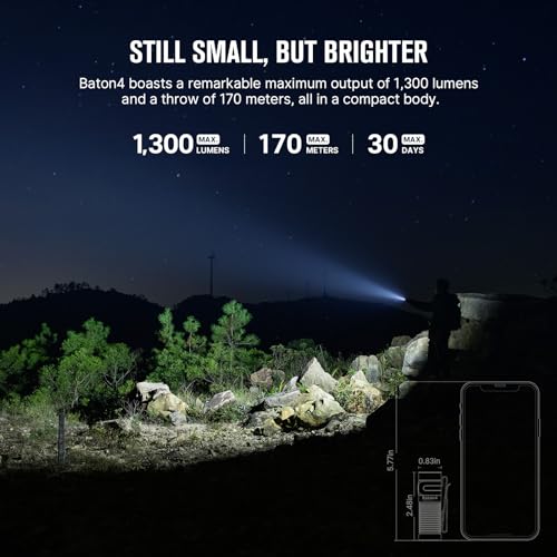 OLIGHT Baton4 Rechargeable EDC Flashlight, LED Pocket Flashlight 1300 Lumens with Magnetic Charging Cable, Small Powerful Bright Flashlight IPX8 Waterproof for Home, Camping, and Emergencies (Black) - Image 3