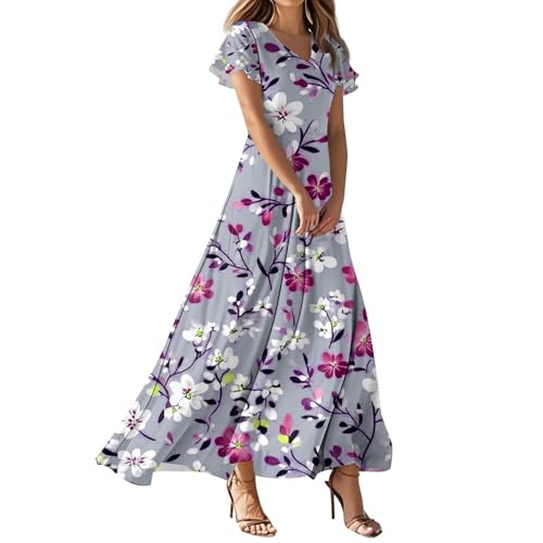 WANGHAIPING Vestido largo de verano informal de manga corta con cuello en V para mujer, vestido largo con estampado floral, vestido largo 2025, para vacaciones, playa (4-beige, L)