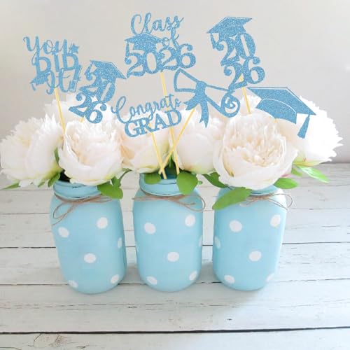 Image of Graduation Centerpiece Sticks 24PCS Glitter Grad Picks Party Table Decor Senior High School College Sign Light Blue