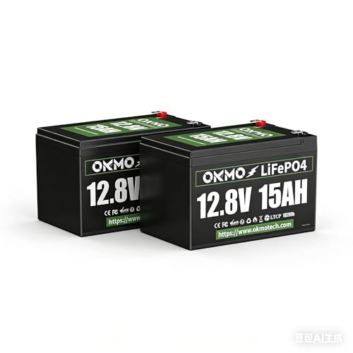 OKMO 12V 15Ah LiFePO4 Lithium Battery 12.8V 15000+ Deep Cycles rechargeable for Lighting Kayak Fish Finder Radio Backup Power and More (2-Pack))