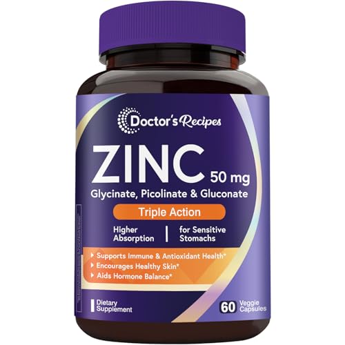 Doctors Recipes Zinc Supplement 50mg Triple Action Immune Support Chelated Zinc Picolinate Glycinate & Gluconate Once Daily for Men & Women Skin Health Hormone Balance Vegan 60 Capsules