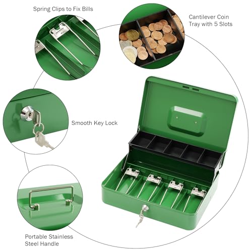 Image of Cash Box with Lock Key and Money Tray - Large Money Box for Cash Register, Metal Lock Box for Money Safe 11.8 inch x 9.4 inch x 3.54 inch Green
