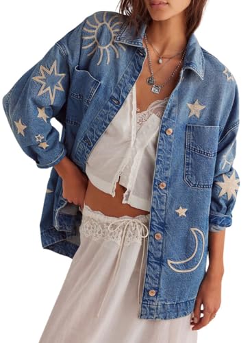 chouyatou Women's 2025 Fall Embroidery Denim Jacket Vintage Boyfriend Casual Oversized Jean Jacket