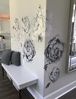 Wonder Space Jumbo Peony Watercolor Wall Decals - Large Size Peonies Flowers Leaves Room Wall Stickers - Scandinavian Design Floral (Grey)