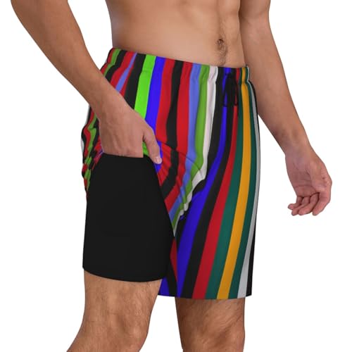 Men's Colored Stripes Print Quick-Dry Mesh Swim Trunks Stretch Lining Beach Shorts Surfing Summer Vacations Black